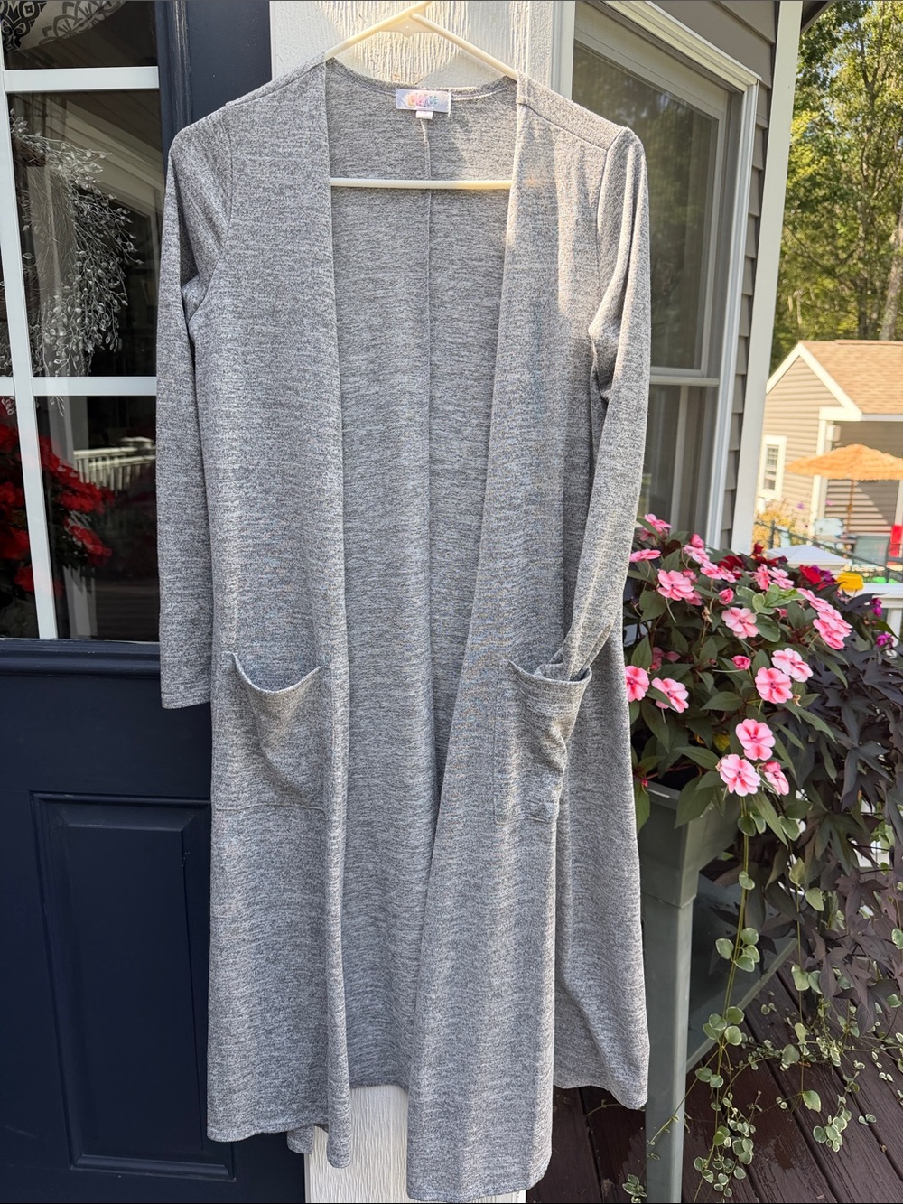 LuLaRoe Heather Gray Long Open-Front Cardigan name is Sarah